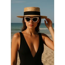 Dess Design Bantlı Doğal Hasır Boater Şapka - Kadın Hasır Şapka