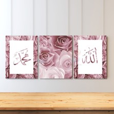Artarilion Dikey 3'lü Kanvas Tablo Allah Hz. Muhammed Pembe Güller Dini Islami Manevi Salon Tablosu