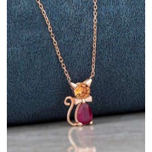Mavili Gümüş Kırmızı Damla Taşlı Trend Gümüş Kedi Kolye - Rose