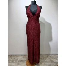 Zechka Bordo Payetli V Derin Yaka ve Sırt Dekolteli Abiye