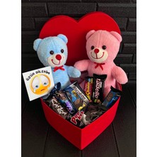 Mynil Sevgiliye Ozur Hediyesi Kalp Kutuda Bitter Çikolata Lezzetleri ve Mavi Pembe Ayıcıklar