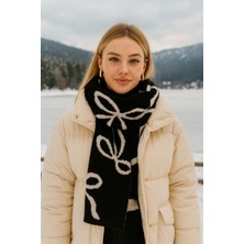 Kokoş Iyonk Desenli Siyah Beyaz Çift Taraflı Triko Yün Yumuşak Dokulu Şal Atkı 30X200 cm