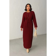 Nosia Fashion Kadın Standart Bedenli, File Detaylı, Kuşaklı, Astarlı, Uzun Triko Elbise