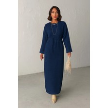 Nosia Fashion Kadın Standart Bedenli, File Detaylı, Kuşaklı, Astarlı, Uzun Triko Elbise