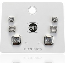 En Gümüş Minimal Kare ve Işıltılı Kare Çerçeve Kombin Stud Küpe Seti