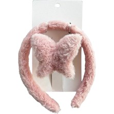 Kokoş Pembe Renk Kelebek Figürlü Peluş Mandal Toka ve Taç Set