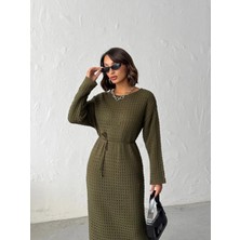 Nosia Fashion Kadın Standart Bedenli, File Detaylı, Kuşaklı, Astarlı, Uzun Triko Elbise