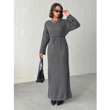 Nosia Fashion Kadın Standart Bedenli, File Detaylı, Kuşaklı, Astarlı, Uzun Triko Elbise