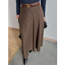 Pulli Collection Kahve Yandan Cepli Ekoseli Verev Kesim Etek