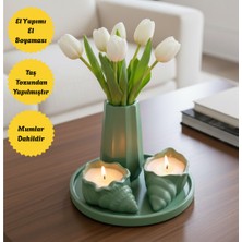 4 Parça Yeşil Dekoratif Set - Istiridye Mumlu, Vazolu, Yuvarlak Tepsili (Çiçek Dahil Değildir)