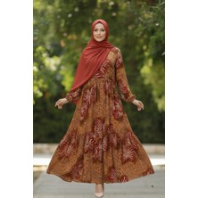 Maksen Tekstil Belmando Viskon Çiçek Desenli Mevsimlik Beli Büzgülü Uzun Tesettür Elbise