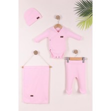 Kidello Pembe Yenidoğan Kundak Badi Şapkalı Battaniyeli 4'lü Set | Kız Erkek %100 Pamuk Bebek Takımı