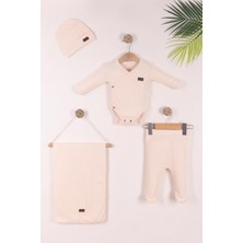 Kidello Bej Yenidoğan Kundak Badi Şapkalı Battaniyeli 4'lü Set | Kız Erkek %100 Pamuk Bebek Takımı