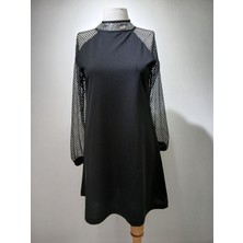 Payetli Hakim Yaka Midi Boy Siyah Elbise