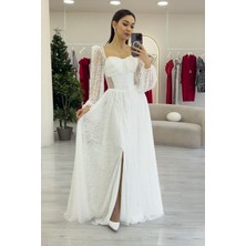 Zks Grup Tekstil-Kadın Dantel Kumaş Korse Detaylı Uzun Yırtmaçlı Abiye Elbise Mavi,siyah,beyaz,pudra,sarı,lacivert