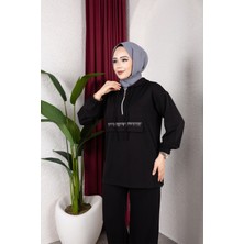 SFG Life Moda Kadın Tesettür Giyim Fermuarlı Taşlı Cep Kapaklı Kapşonlu & Pantolon Ikili Takım