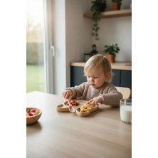 TB Kedi Figürlü Bambu Bebek Mama Seti – Bölmeli Tabak + Kaşık Çatal Seti