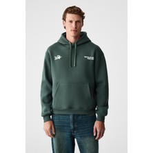 Grimelange Blaıse Erkek Önü ve Sırtı Baskılı Kapüşonlu Kordonlu Kanguru Cepli Regular Fit Yeşil Sweatshirt