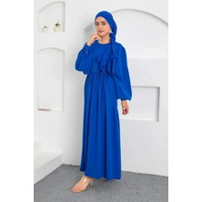 Tesettür Diyarı Dubai Kumaş Kemerli Tesettür Elbise- Saks Mavi