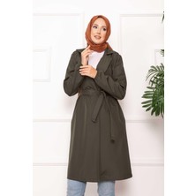 Tekstilla Kadın Antrasit/açık Gri Suni Deri Trençkot - Beli Bağlamalı ve Lastik Kollu Uzun Ceket