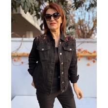 Denizege Butik Kadın Taş Detay Kot Ceket Siyah