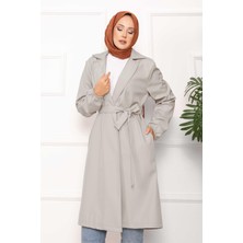 Tekstilla Kadın Antrasit/açık Gri Suni Deri Trençkot - Beli Bağlamalı ve Lastik Kollu Uzun Ceket