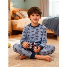 NiCe İç Giyim Uzun Kollu Motorsiklet Baskılı Lacivert Koyu Mavi Erkek Çocuk Pijama Takımı