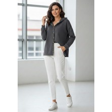 Kapshon Kadın Düğme Detaylı Kapüşonlu Ceket Sweatshirt M - Füme