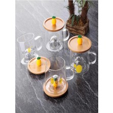 Berdina Home 3D Ananas Figürlü Baskılı Sıcak Soğuk Borosilikat Cam Meşrubat Kupası Su Çay Bardağı Bambu Kapaklı