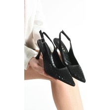 Merıa Kadın Siyah 7 cm Sivri Burun Kristal Taş Işlemeli Slingback Ince Topuklu Arkası Açık Ayakkabı