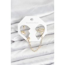 cleovibe Pirinç Gold Renk Uzay Model Zincir Bağlantılı Ear Cuff Küpe Seti