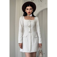 Zishan Fashion Tüvit Kumaş Büyük Taş Düğmeli Mini Elbise (Siyah & Ekru) 753