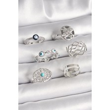 cleovibe Pirinç Gümüş Renk Nazar Boncuk Zirkon Taş Detaylı Dalga Figür Kadın Yüzük Kombini