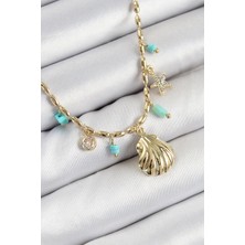 cleovibe Pirinç Zirkon Taşlı Deniz Kabuğu Model Gold Renk Kadın Kolye