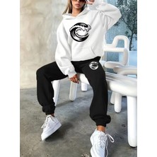 Sweet Cotton Kadın Baskılı Kapüşonlu Eşofman Takımı - Kapüşonlu Sweatshirt Alt Üst Takım