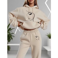 Sweet Cotton Kadın Baskılı Kapüşonlu Eşofman Takımı - Kapüşonlu Sweatshirt Alt Üst Takım