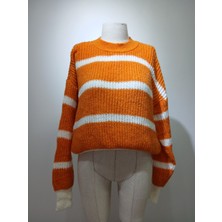 Ambar Turuncu Ekru Çizgili Yumoş Kazak