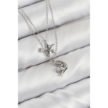 cleovibe Pirinç Zirkon Taşlı Yıldız ve Ay Model Gümüş Renk Kadın Kolye