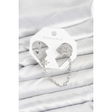 cleovibe Kutup Yıldızı Model Pirinç Gümüş Renk Zincir Bağlantılı Ear Cuff Küpe Seti
