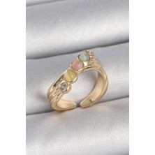 cleovibe Pirinç Gold Renk Zirkon Taş Detaylı Karışık Mineli Ayarlanabilir Kadın Yüzük