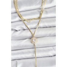 cleovibe Pirinç Gold Renk Zirkon Taşlı Papatya Model Detaylı 3'lü Kombin Y Kadın Kolye