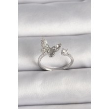 cleovibe Pirinç Gümüş Renk Zirkon Taşlı Kelebek Model Inci Detay Ayarlanabilir Yüzük