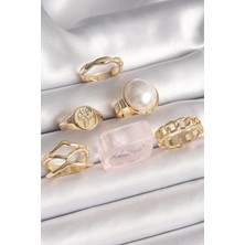 cleovibe Pirinç Gold Renk Beyaz Incili Zincir Yüzük Figür Işleme Detay 6'lı Kadın Yüzük Seti