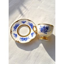 Qualitev Porselen Gold Kahve Fincanı Altın Çiçekli 2 Kişilik 4 Parça Blue Rose