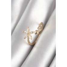 cleovibe Pirinç Gold Renk Zirkon Taşlı Çiçek Model Kalp Detay Kadın Yüzük