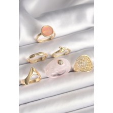 cleovibe Pirinç Gold Renk Pembe Plastik Yüzük Model Daire Pembe Mine Yılan Detay 6'lı Kadın Yüzük Seti
