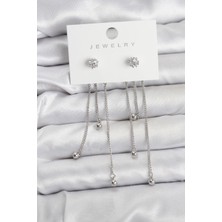 cleovibe Topçuk Model Gümüş Renk Pirinç Sallantılı Kadın Küpe Seti