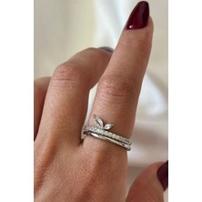 Leo'Stone Ithal Seri Zarif Zirkon Taşlı Ikili Yaprak Tasarım Ayarlanabilir Kadın Çelik Yüzük Gümüş