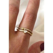Leo'Stone Ithal Seri Ikili Full Zirkon Taşlı Kalp Tasarım Yarım Tur Ayarlanabilir Kadın Çelik Yüzük Gold