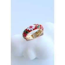 Leo'Stone Premium Seri Çok Renkli Çiçek Desen Mineli Ayarlanabilir Kadın Çelik Yüzük Kırmızı